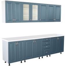 Bucatarie Zebra 260 cm din MDF Albastru cu blat termoizolant alb